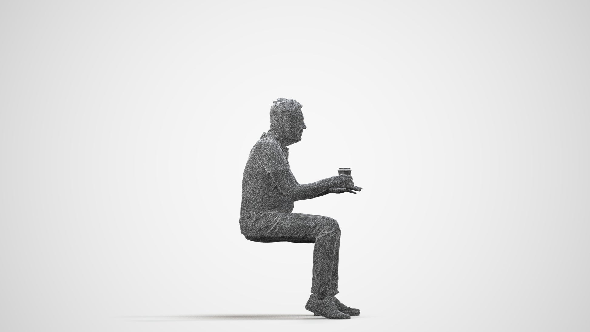 3D people model senior man casual sitting, scanned human for 3ds Max rendering, wireframe side view