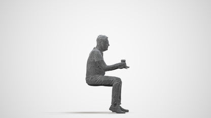 3D people model senior man casual sitting, scanned human for 3ds Max rendering, wireframe side view