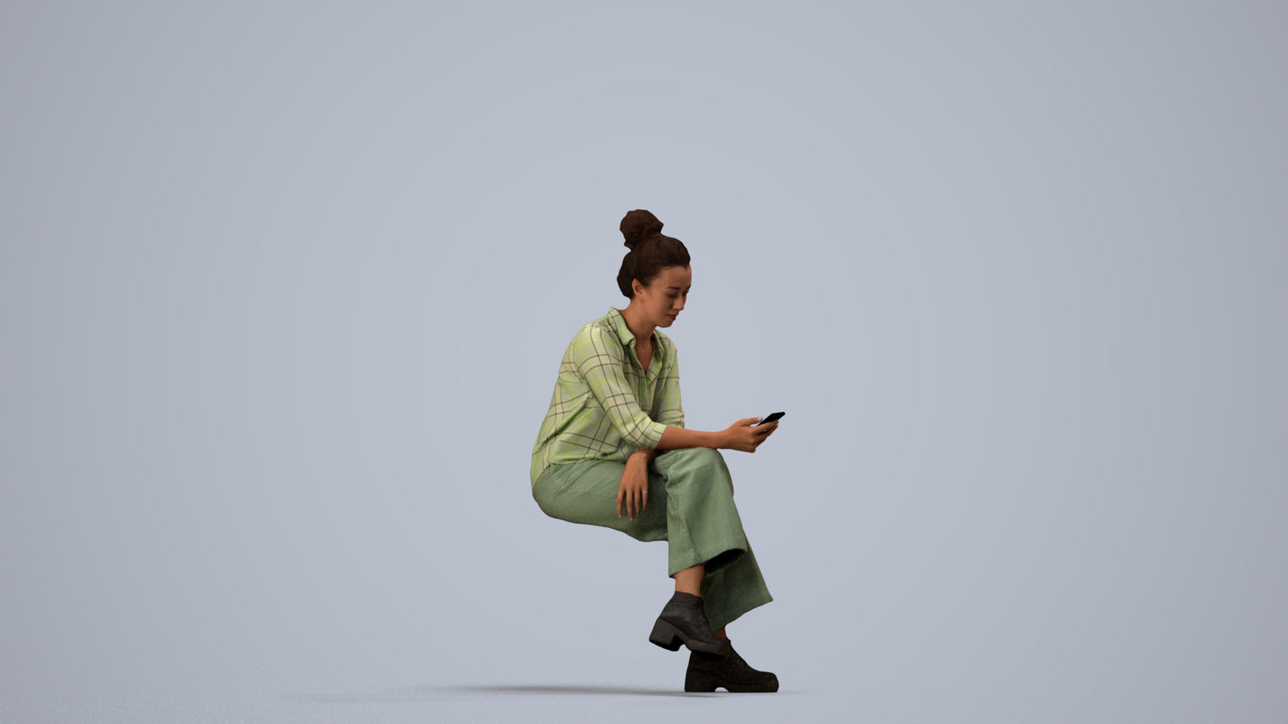 photogrammetry 3D woman casual sitting, realistic human model archviz FBX, side view render