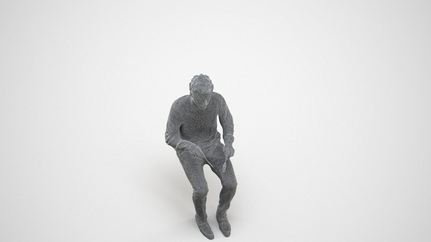 scanned 3D man casual sitting, photogrammetry people for Enscape and V-Ray, wireframe three-quarter view