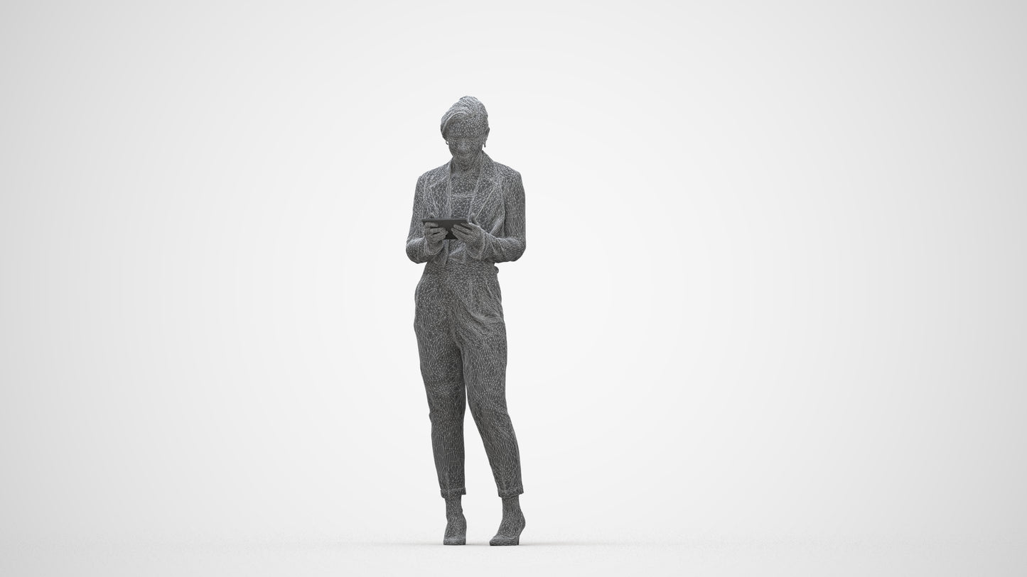 scanned 3D woman business standing, photogrammetry people for Enscape and V-Ray, wireframe back view