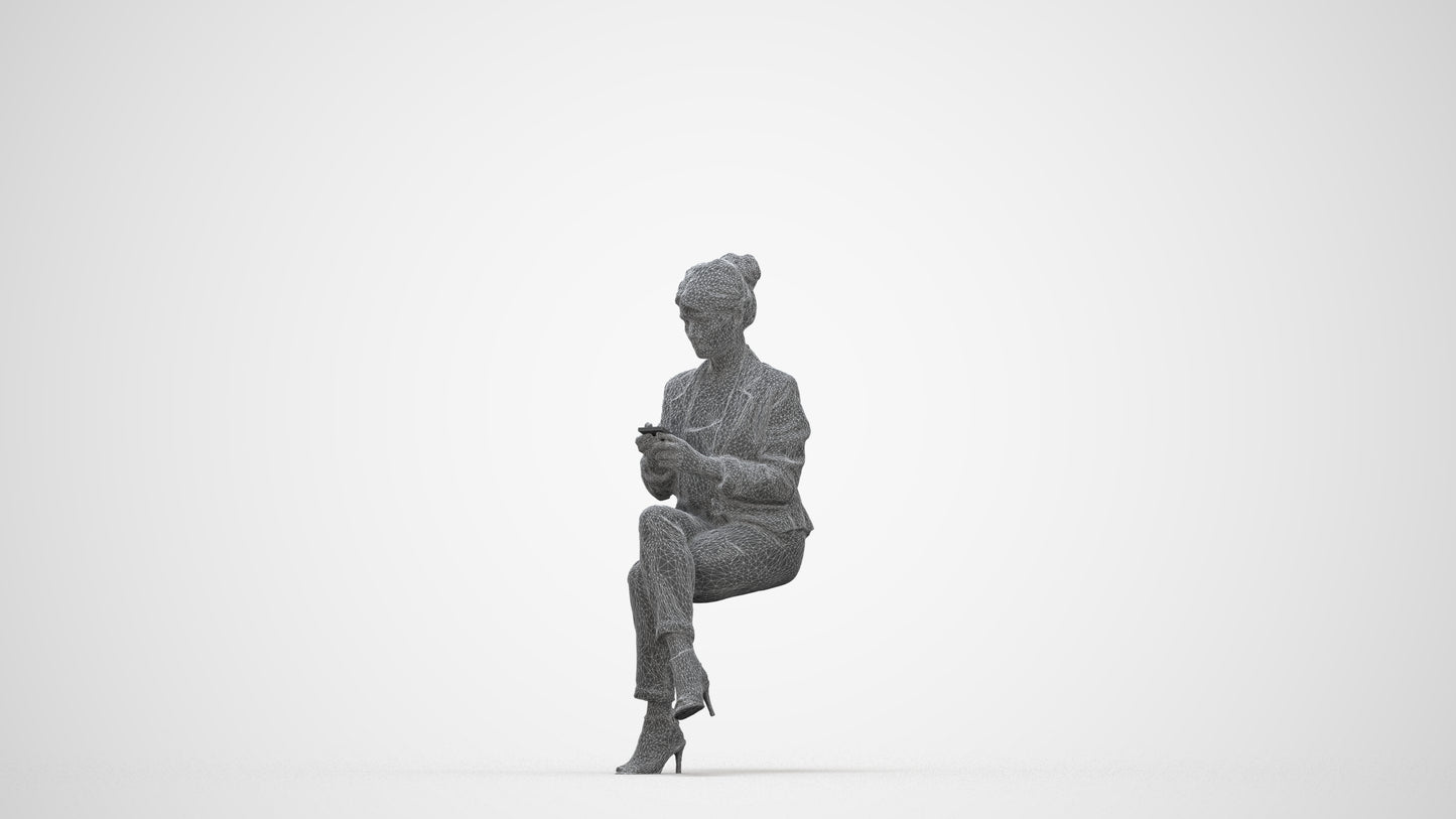3D people model woman business sitting, scanned human for 3ds Max rendering, wireframe back view