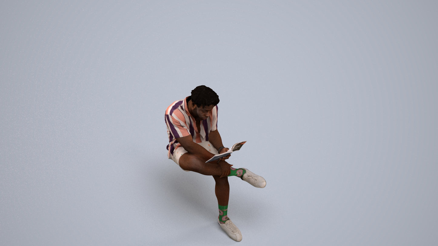 scanned 3D man casual sitting, photogrammetry people for Enscape and V-Ray, back view render