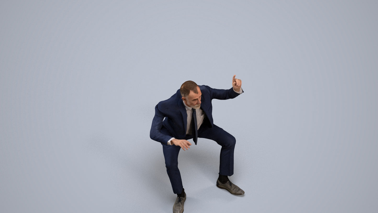 3D human model senior man business, photogrammetry scanned person for archviz, back view render
