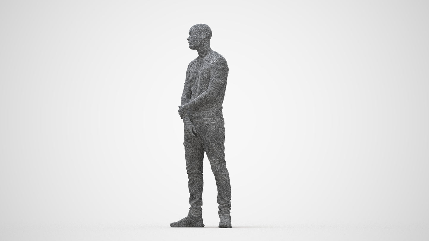 3D human model man casual standing, photogrammetry scanned person for archviz, wireframe back view