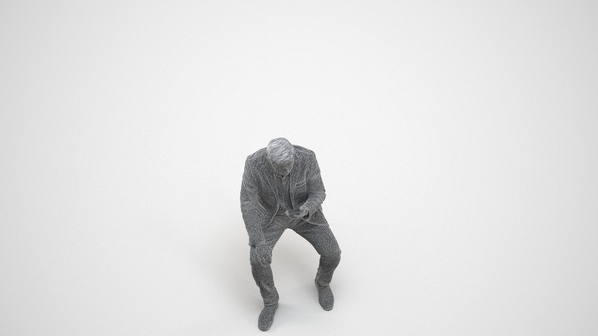 3D scanned man sitting business, photorealistic archviz people for Enscape and SketchUp, wireframe three-quarter view