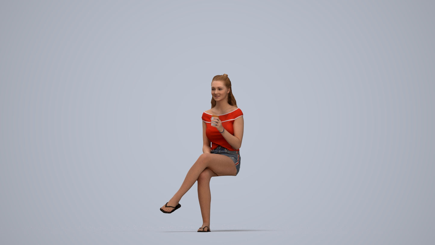 realistic 3D people girl casual sitting, render-ready for V-Ray and Corona, FBX OBJ, top-down view render