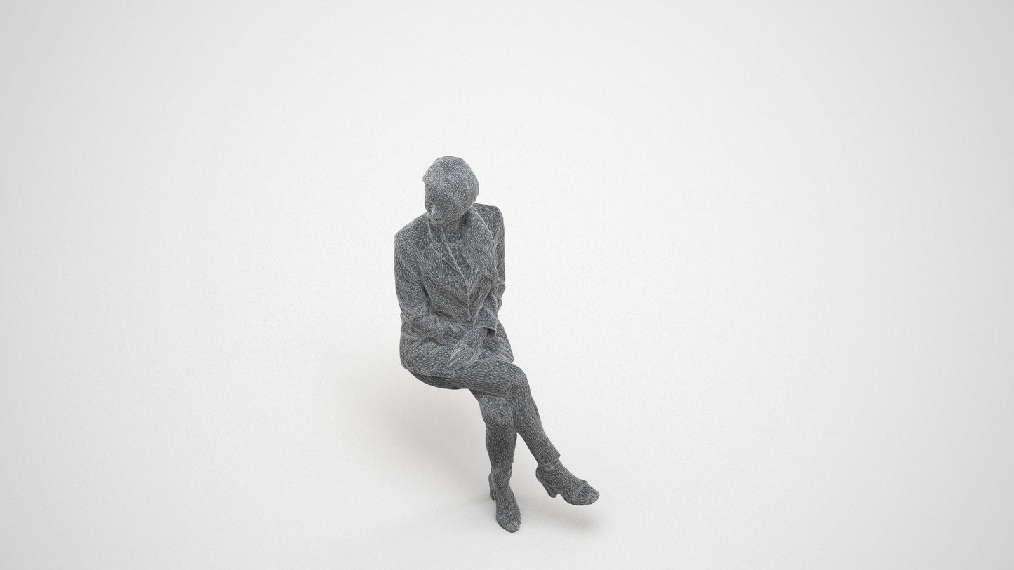 3D scanned woman sitting business, photorealistic archviz people for Enscape and SketchUp, wireframe three-quarter view