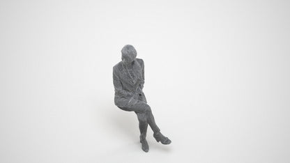 3D scanned woman sitting business, photorealistic archviz people for Enscape and SketchUp, wireframe three-quarter view