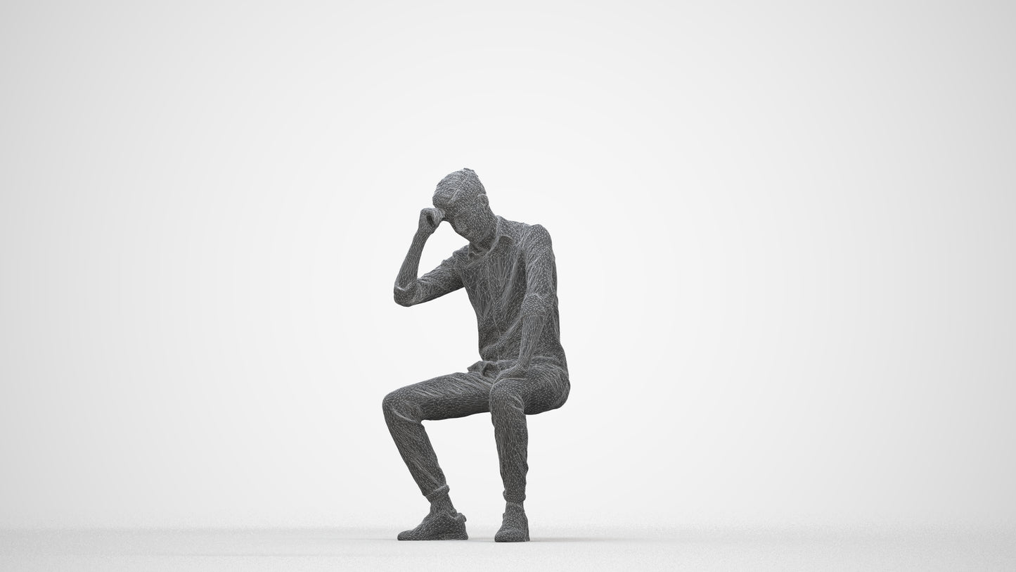3D people model man casual sitting, scanned human for 3ds Max rendering, wireframe back view