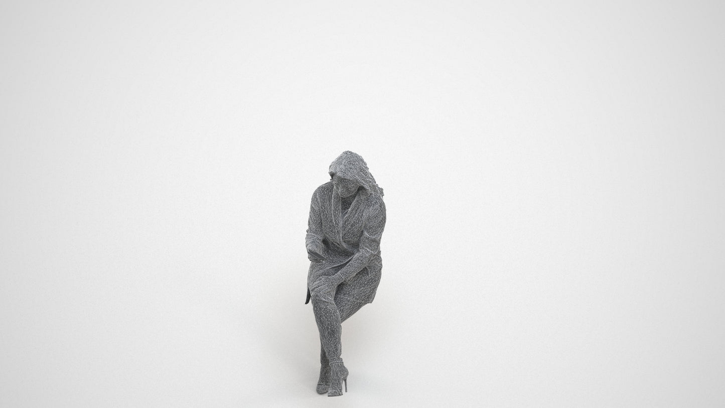 photogrammetry 3D woman business sitting, realistic human model archviz FBX, wireframe three-quarter view