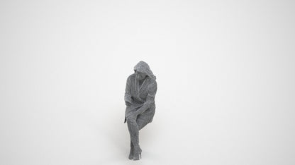 photogrammetry 3D woman business sitting, realistic human model archviz FBX, wireframe three-quarter view