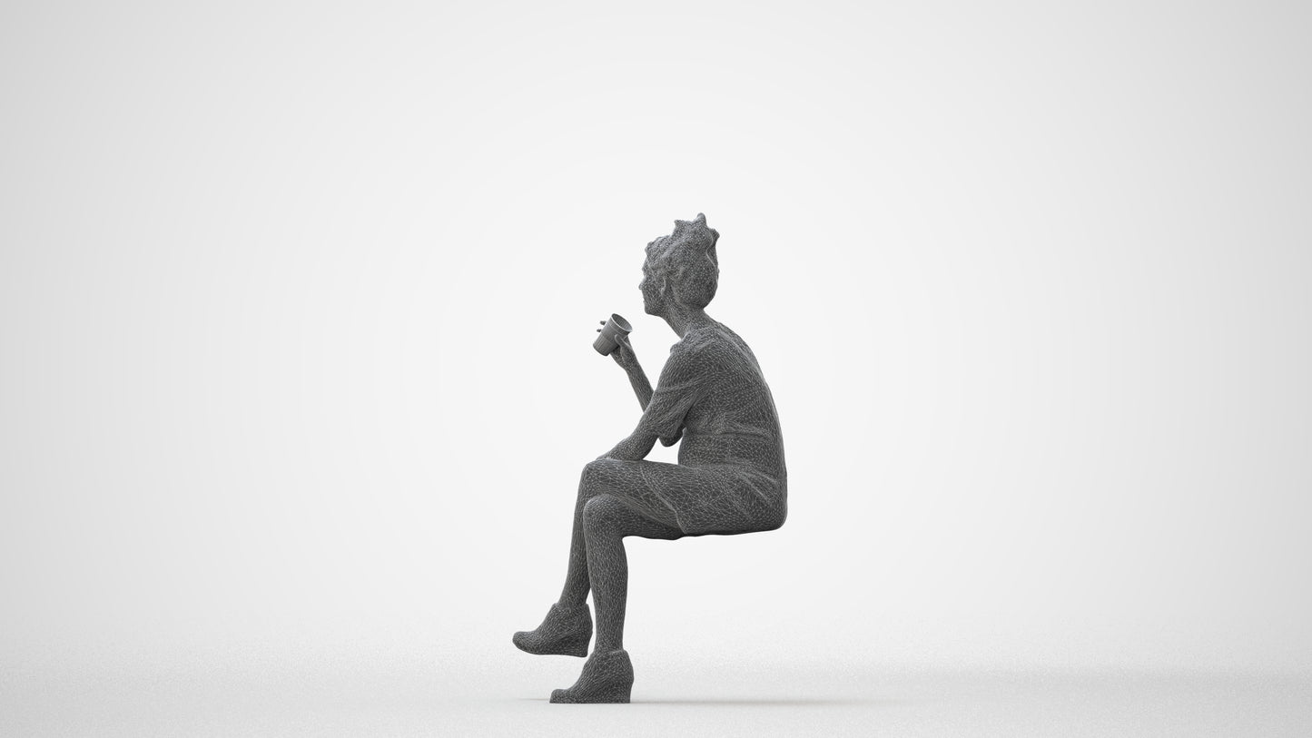 scanned 3D woman casual sitting, photogrammetry people for Enscape and V-Ray, square thumbnail