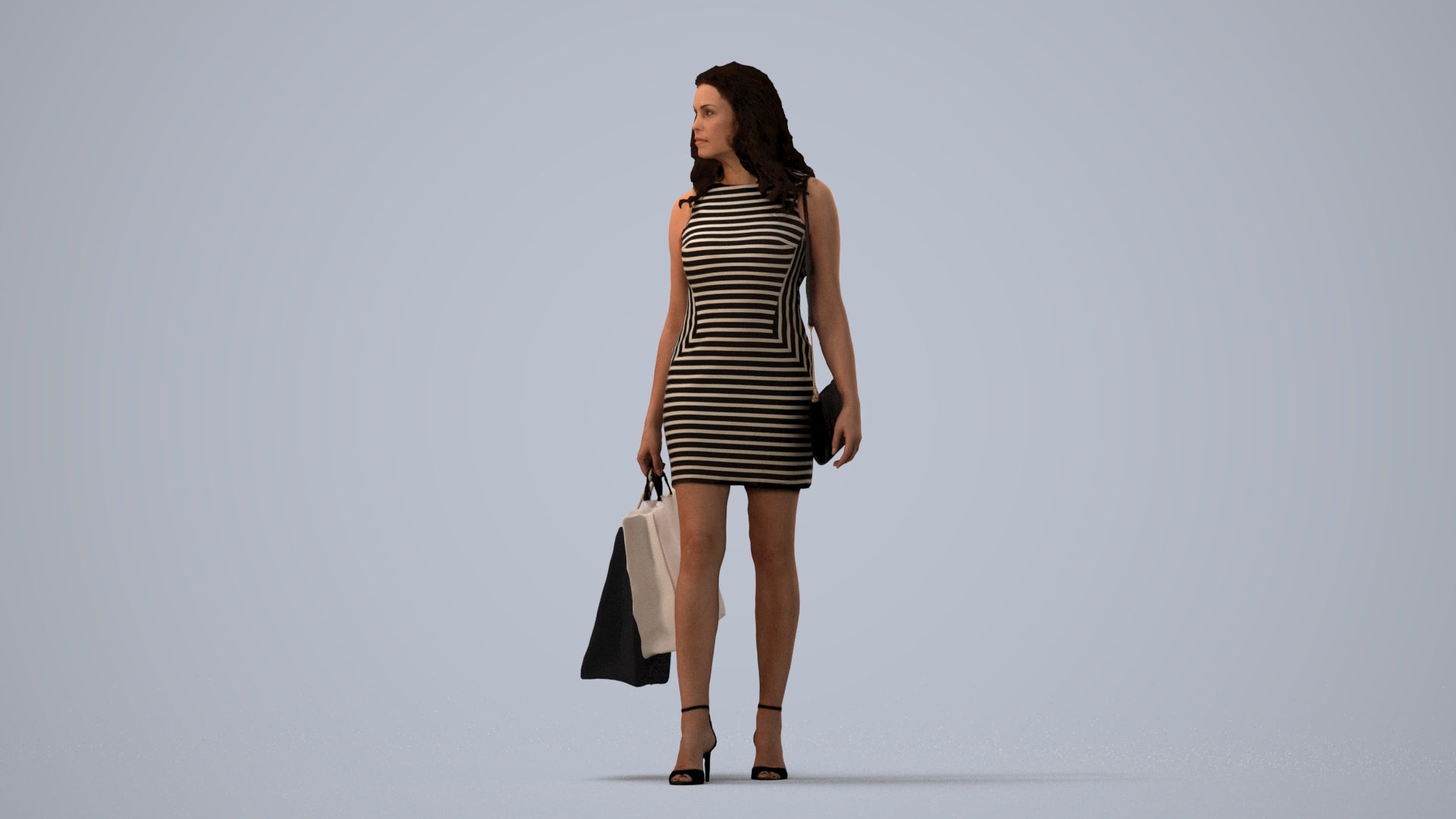 3D people model woman casual shopping, scanned human for 3ds Max rendering, three-quarter view render