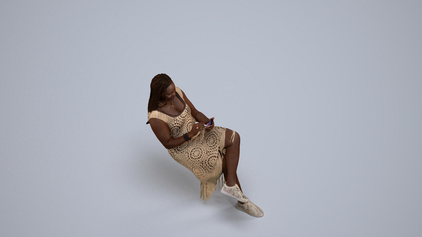 realistic 3D human woman casual sitting, archviz people FBX OBJ for Blender, back view render