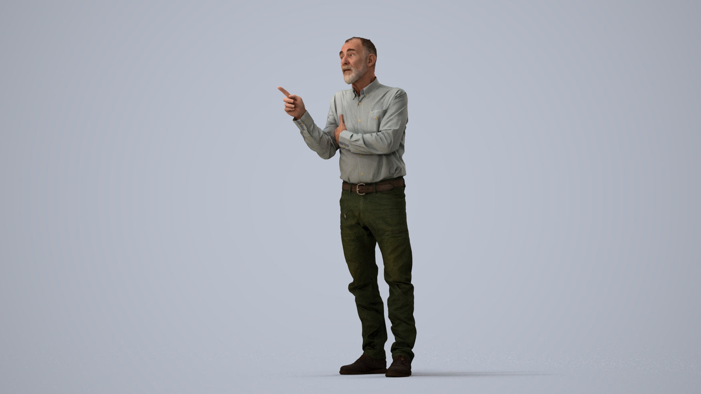 realistic 3D human senior man casual standing, archviz people FBX OBJ for Blender, three-quarter view render