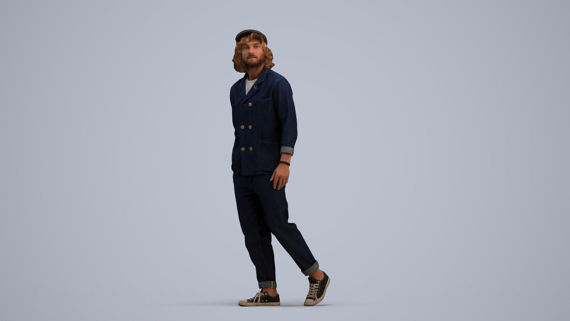 3D human model man casual walking, photogrammetry scanned person for archviz, standing pose render