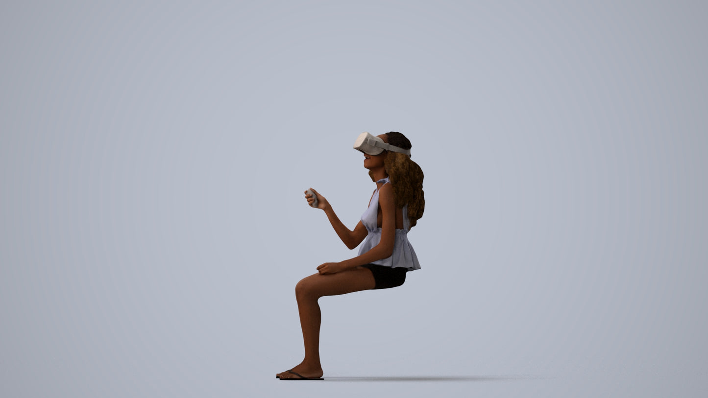 photogrammetry 3D woman casual sitting, realistic human model archviz FBX, three-quarter view render