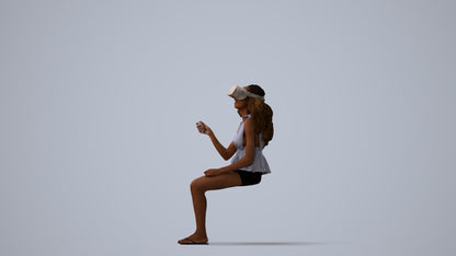 photogrammetry 3D woman casual sitting, realistic human model archviz FBX, three-quarter view render