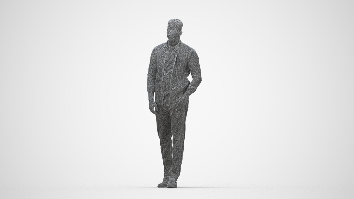 3D scanned man walking casual, photorealistic archviz people for Enscape and SketchUp, wireframe back view