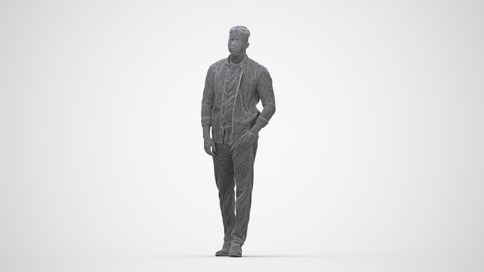 3D scanned man walking casual, photorealistic archviz people for Enscape and SketchUp, wireframe back view