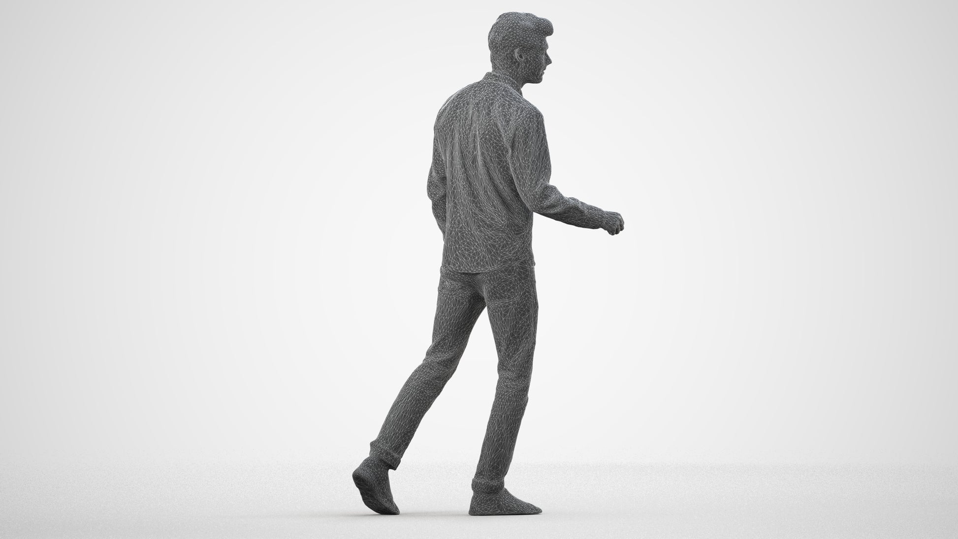 3D human model man casual walking, photogrammetry scanned person for archviz, wireframe side view