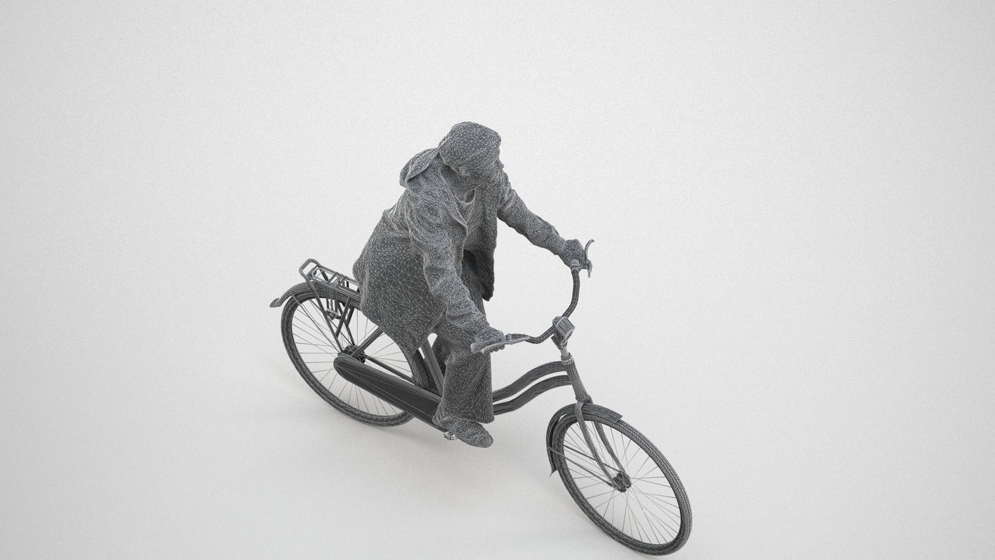3D people model woman casual cycling, scanned human for 3ds Max rendering, wireframe three-quarter view