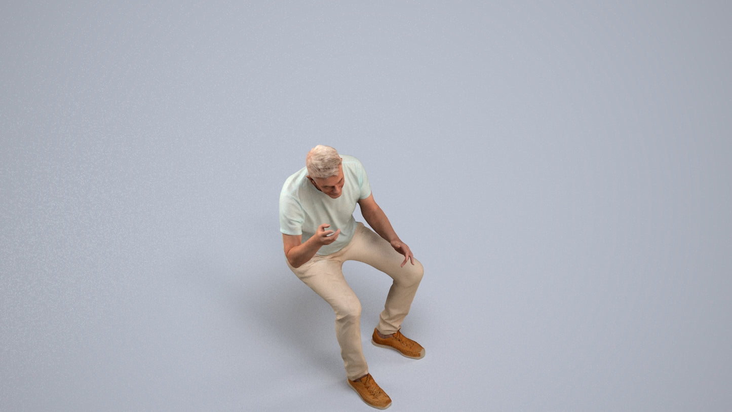 3D human model senior man casual sitting, photogrammetry scanned person for archviz, back view render