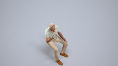 3D human model senior man casual sitting, photogrammetry scanned person for archviz, back view render