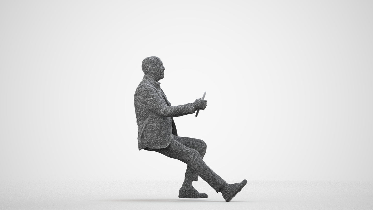 3D human model senior man business mix, photogrammetry scanned person for archviz, wireframe side view