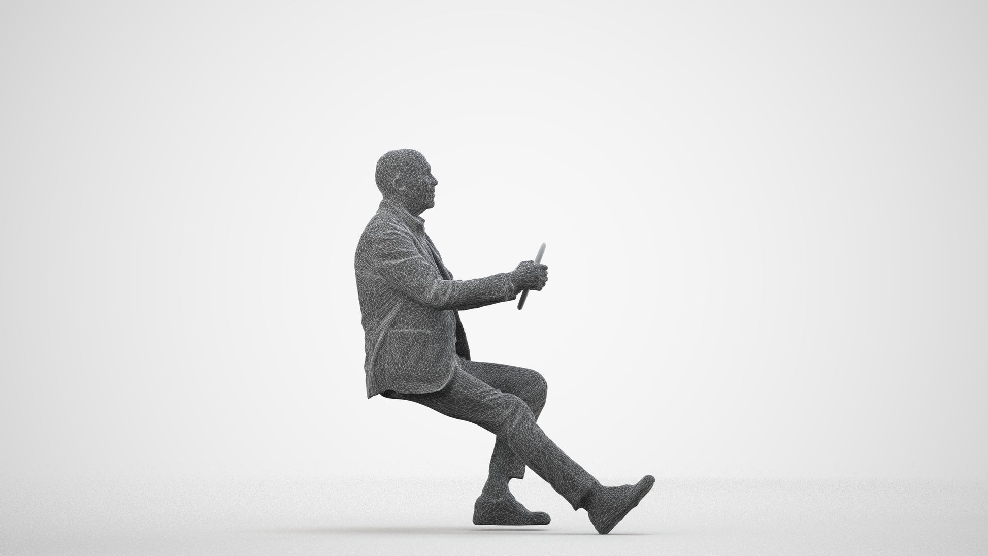 3D human model senior man business mix, photogrammetry scanned person for archviz, wireframe side view