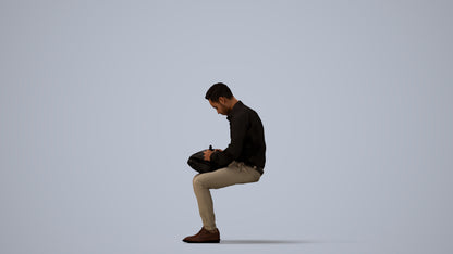 photogrammetry 3D man business sitting, realistic human model archviz FBX, three-quarter view render