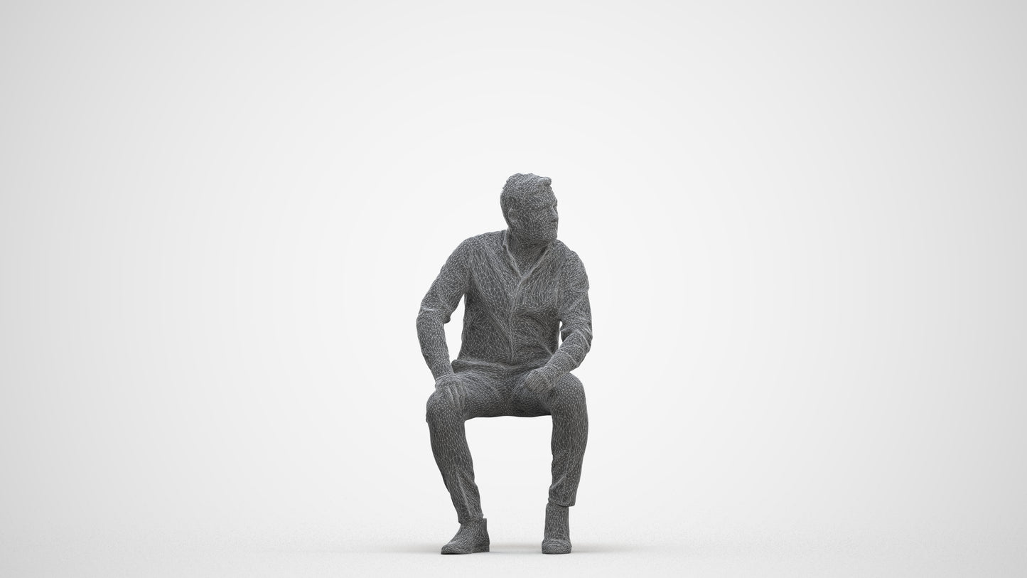 3D scanned man sitting casual, photorealistic archviz people for Enscape and SketchUp, three-quarter front view render