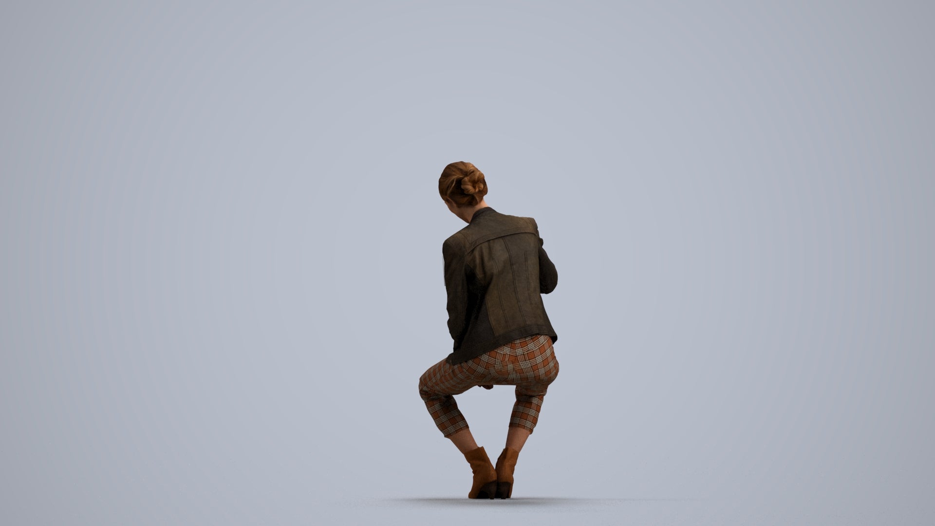 realistic 3D woman business sitting, scanned archviz people for Blender and 3ds Max, front view render