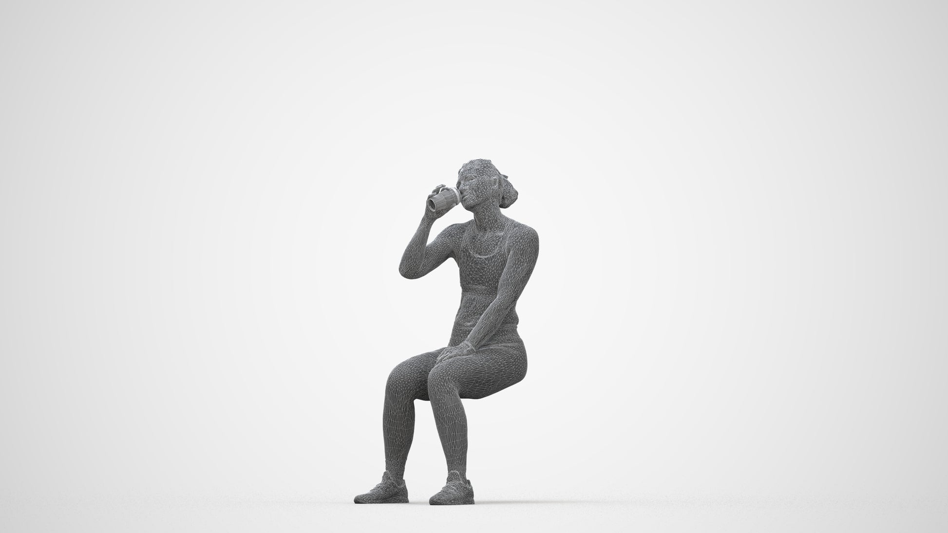 3D human model woman sport, photogrammetry scanned person for archviz, wireframe back view