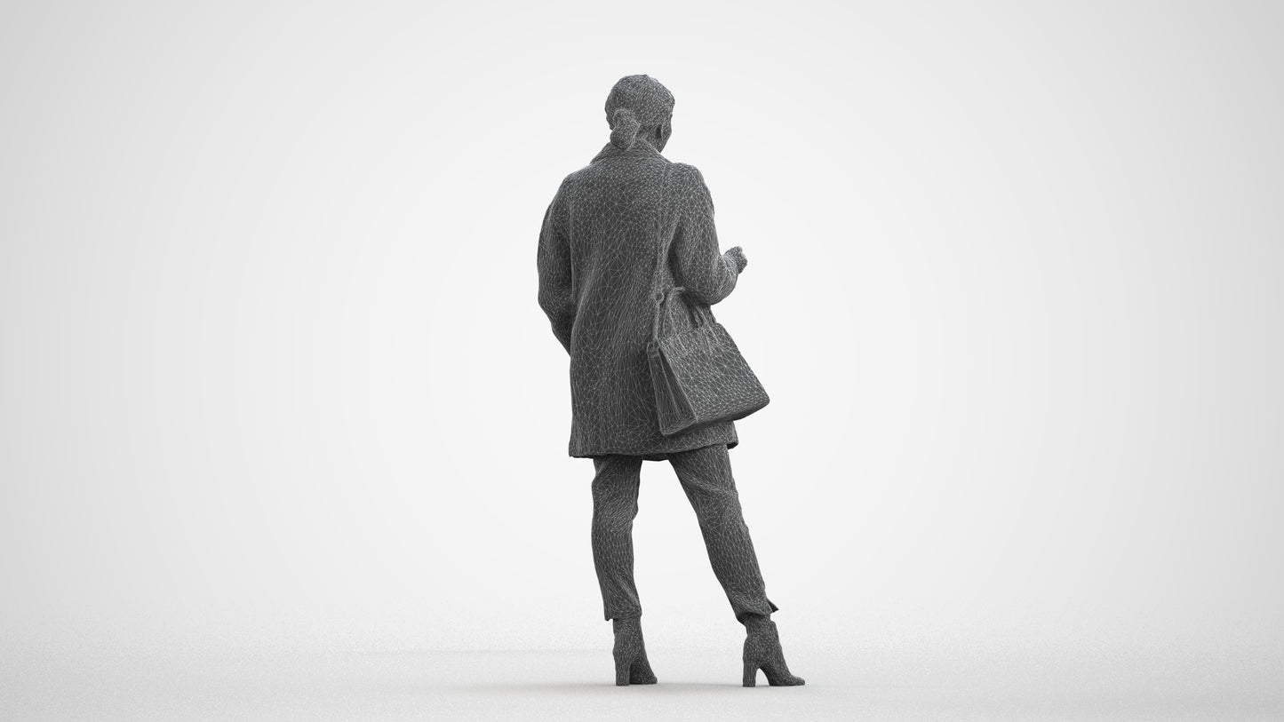3D human model woman business standing, photogrammetry scanned person for archviz, wireframe front view