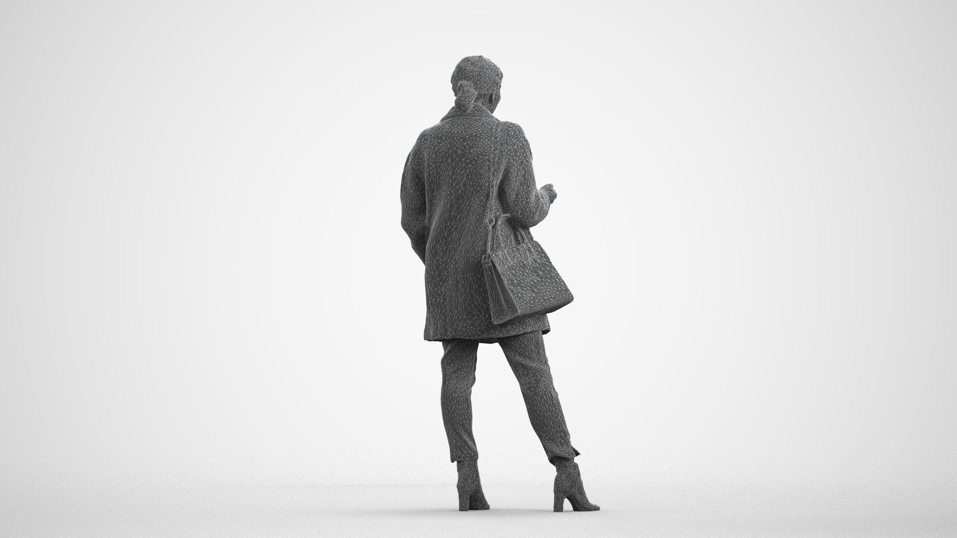 3D human model woman business standing, photogrammetry scanned person for archviz, wireframe front view