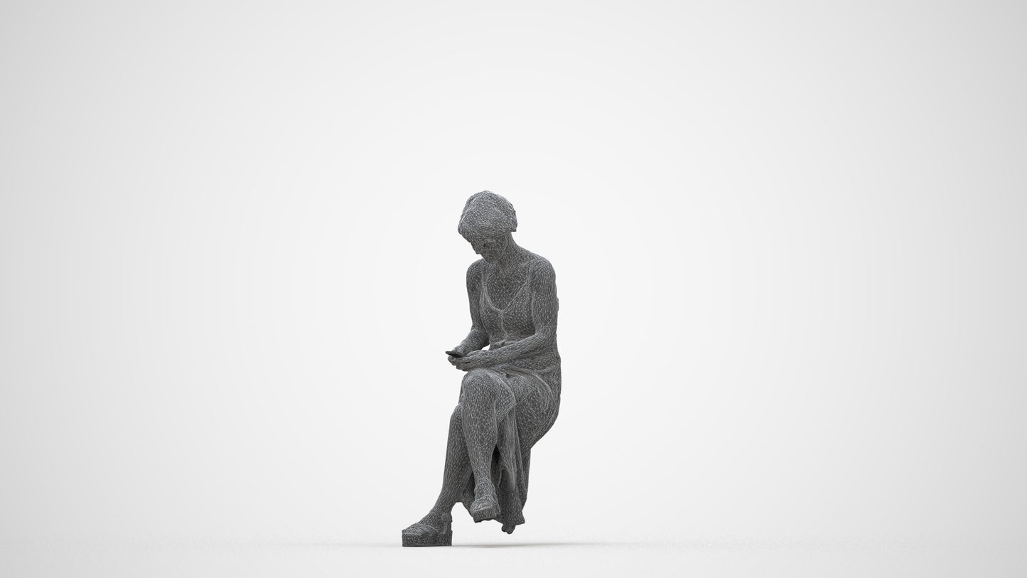 photogrammetry 3D senior woman sitting, realistic human model archviz FBX, wireframe back view