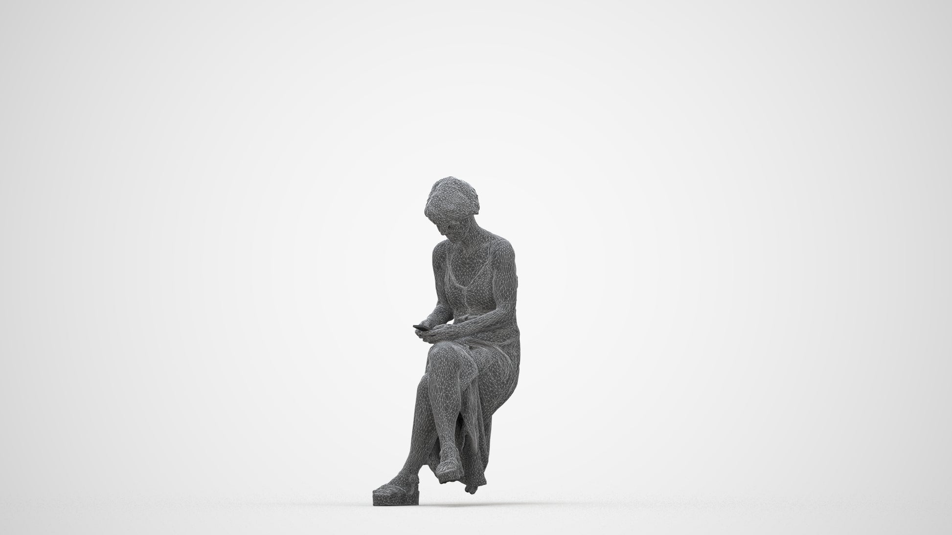 photogrammetry 3D senior woman sitting, realistic human model archviz FBX, wireframe back view
