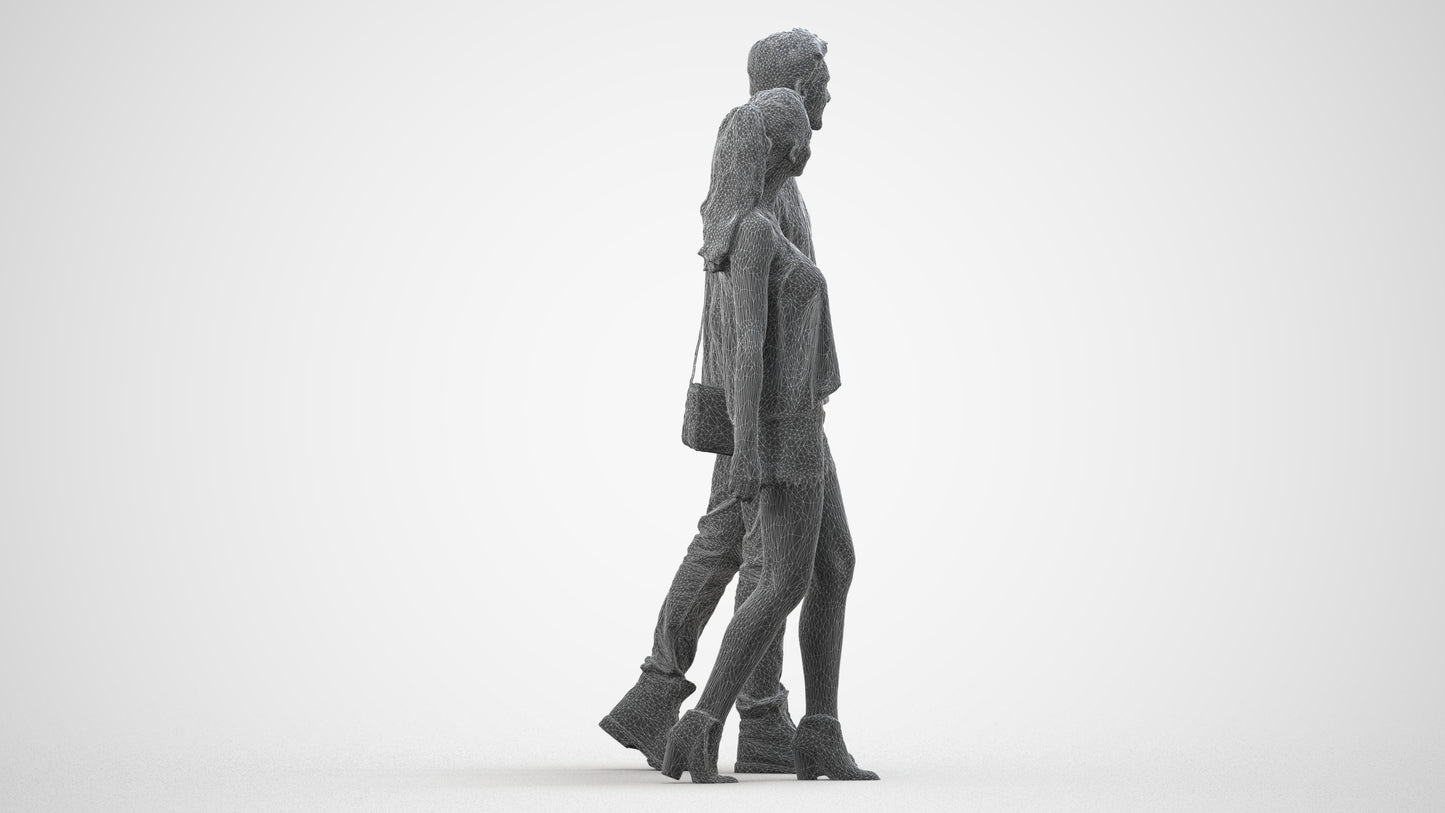 realistic 3D woman casual couple, scanned archviz people for Blender and 3ds Max, wireframe side view