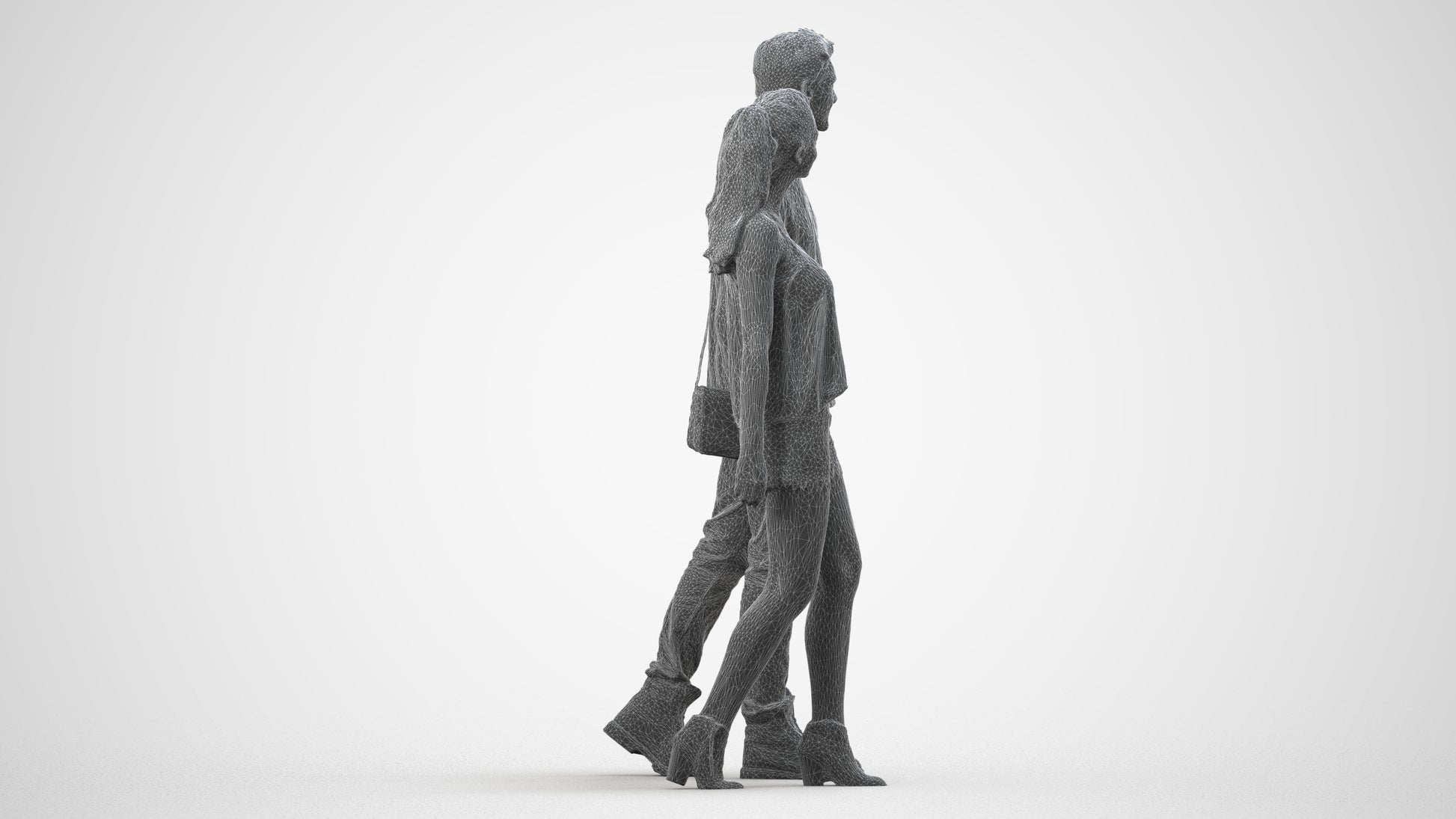 realistic 3D woman casual couple, scanned archviz people for Blender and 3ds Max, wireframe side view