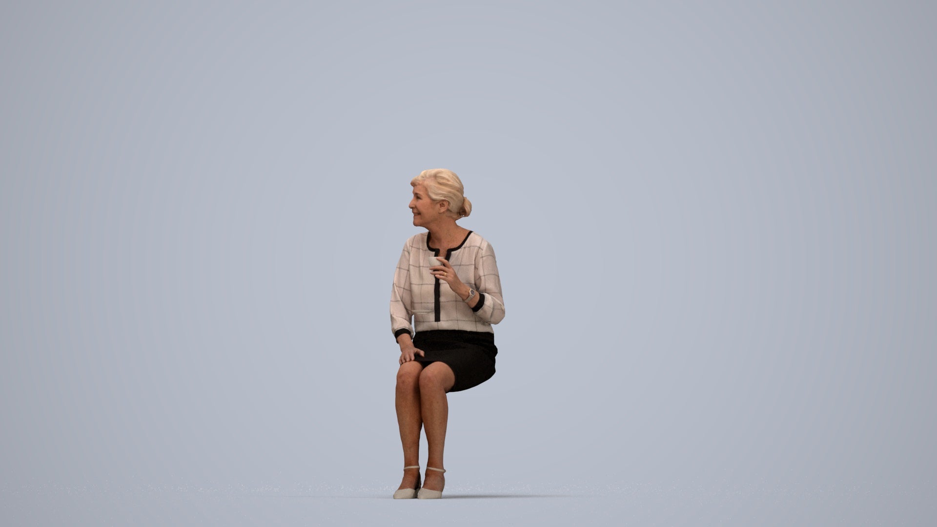 realistic 3D human senior woman casual sitting, archviz people FBX OBJ for Blender, top-down view render