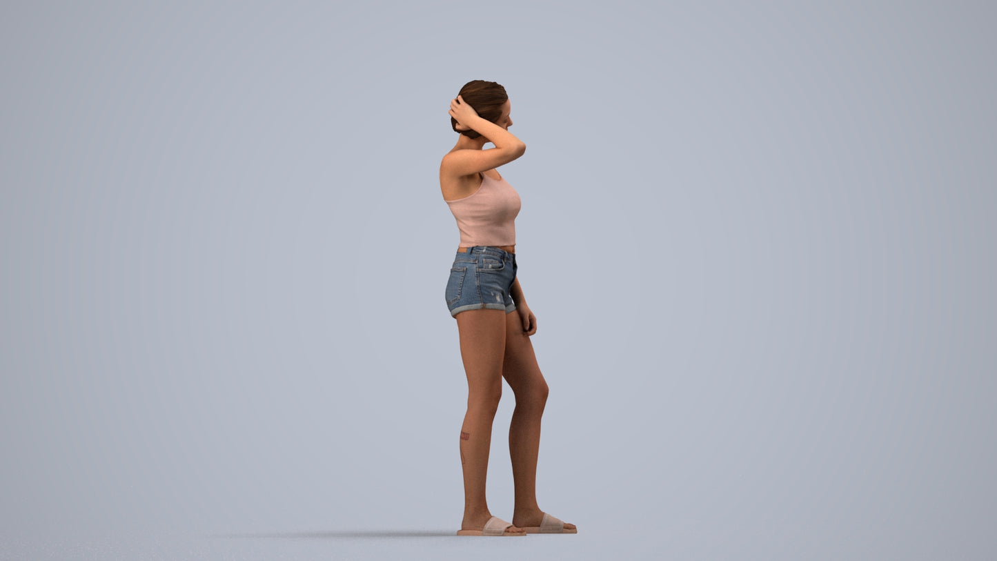 realistic 3D woman casual standing, scanned archviz people for Blender and 3ds Max, side view render