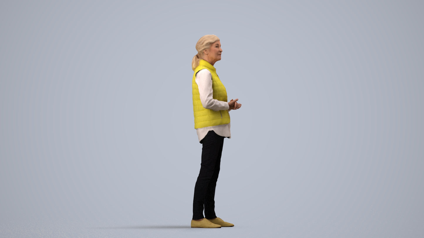 realistic 3D senior woman casual standing, scanned archviz people for Blender and 3ds Max, side view render