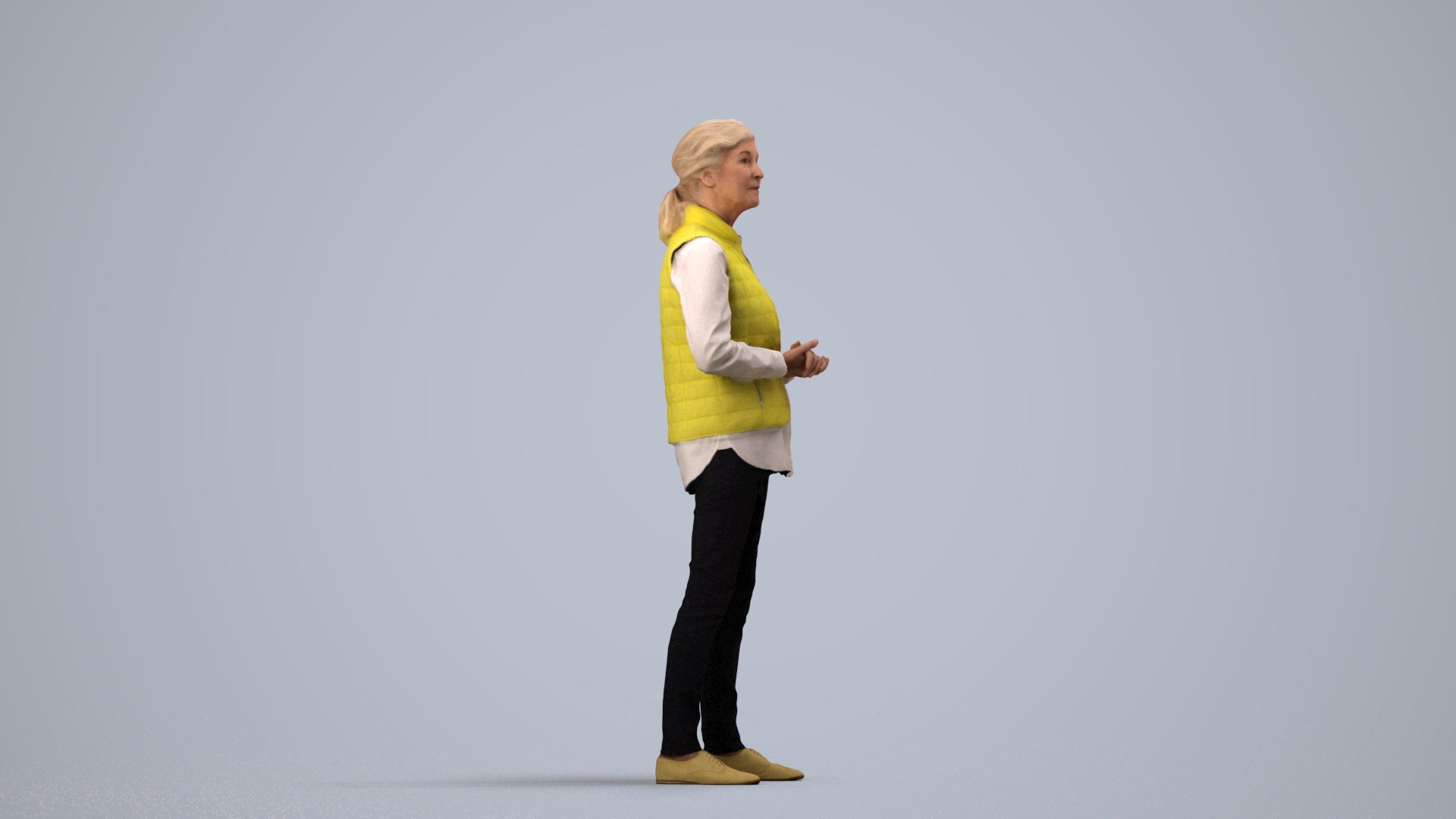 realistic 3D senior woman casual standing, scanned archviz people for Blender and 3ds Max, side view render