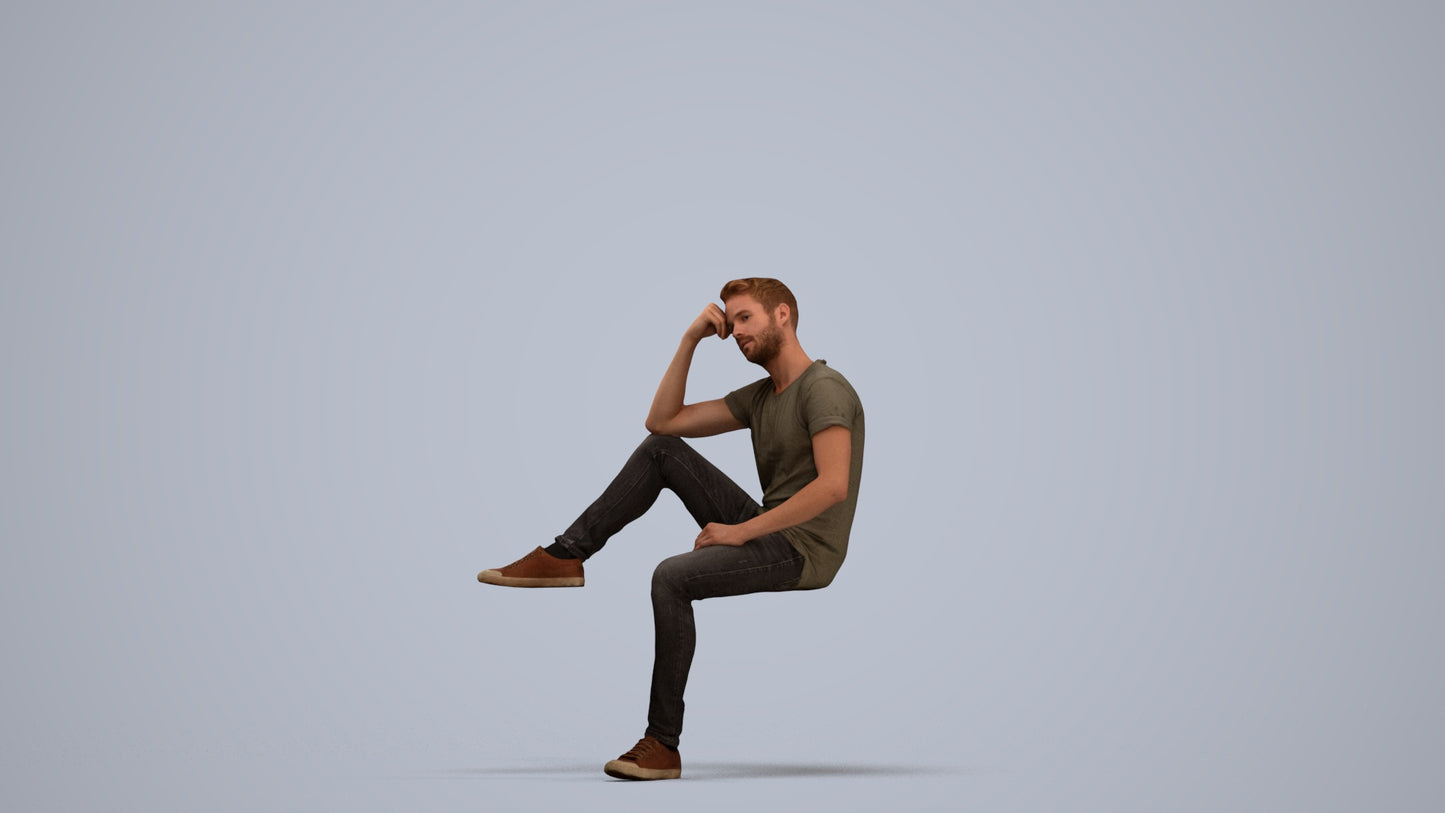 3D people model man casual sitting, scanned human for 3ds Max rendering, standing pose render