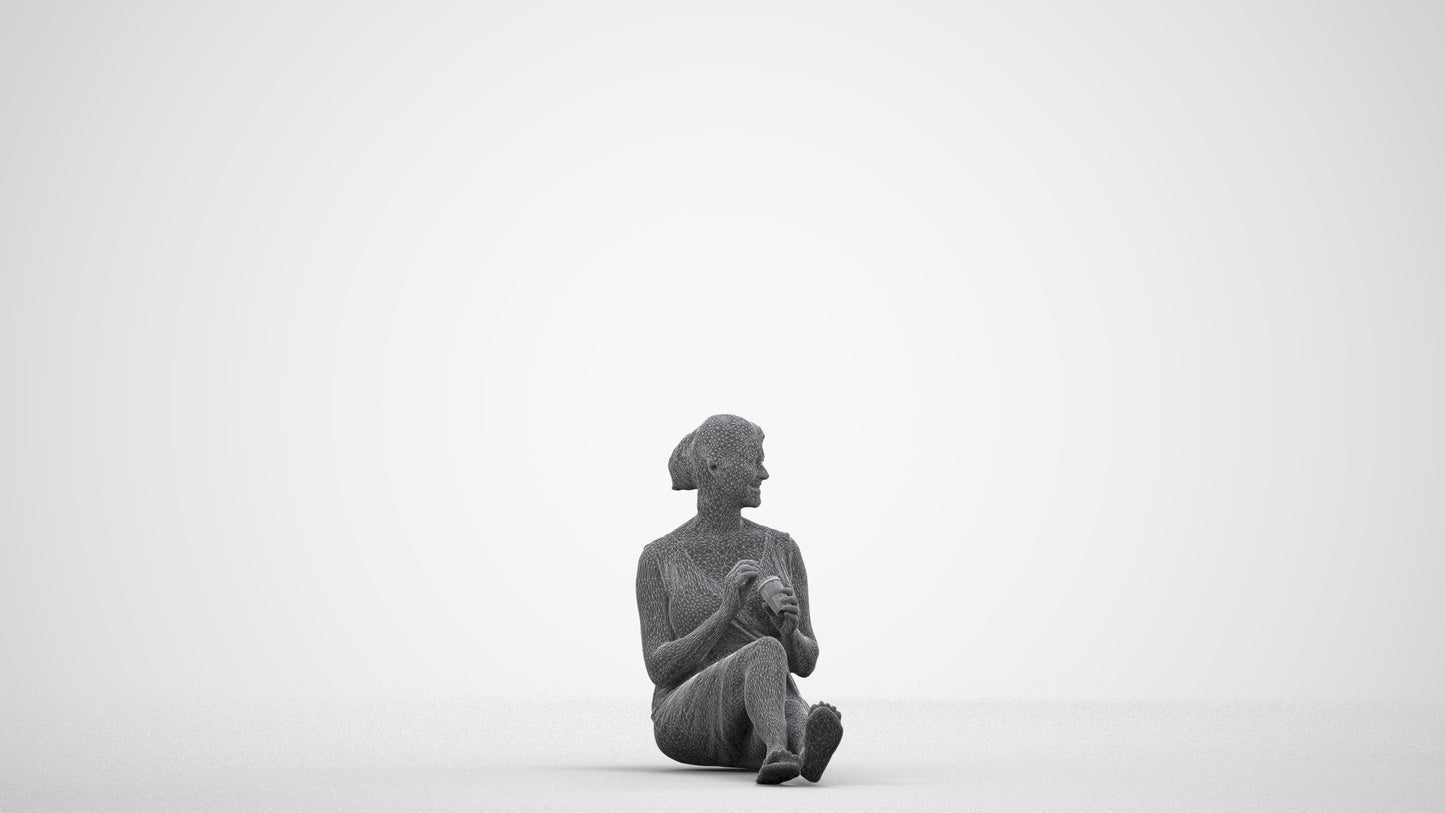 scanned 3D woman casual sitting, photogrammetry people for Enscape and V-Ray, wireframe side view