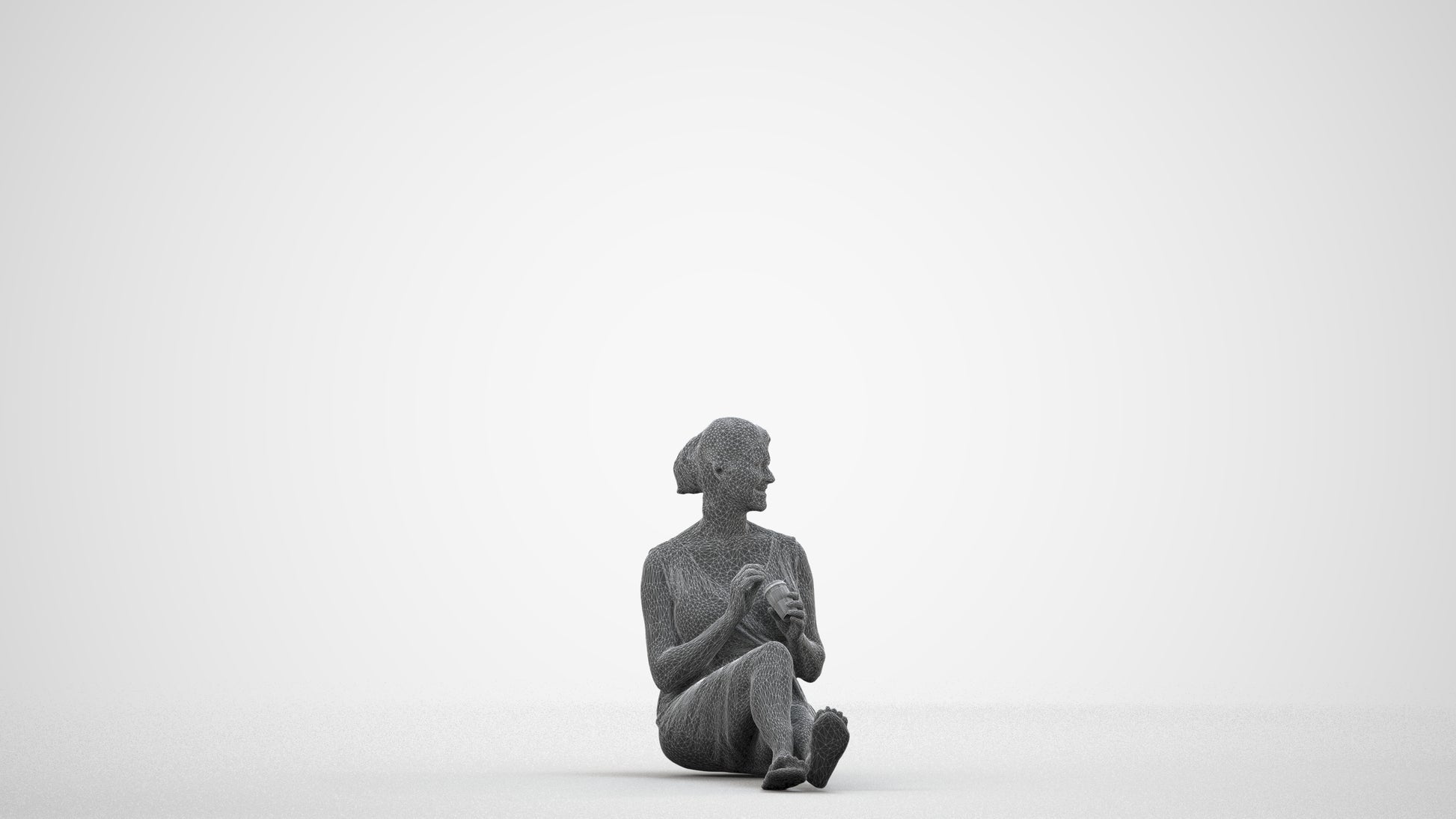 scanned 3D woman casual sitting, photogrammetry people for Enscape and V-Ray, wireframe side view