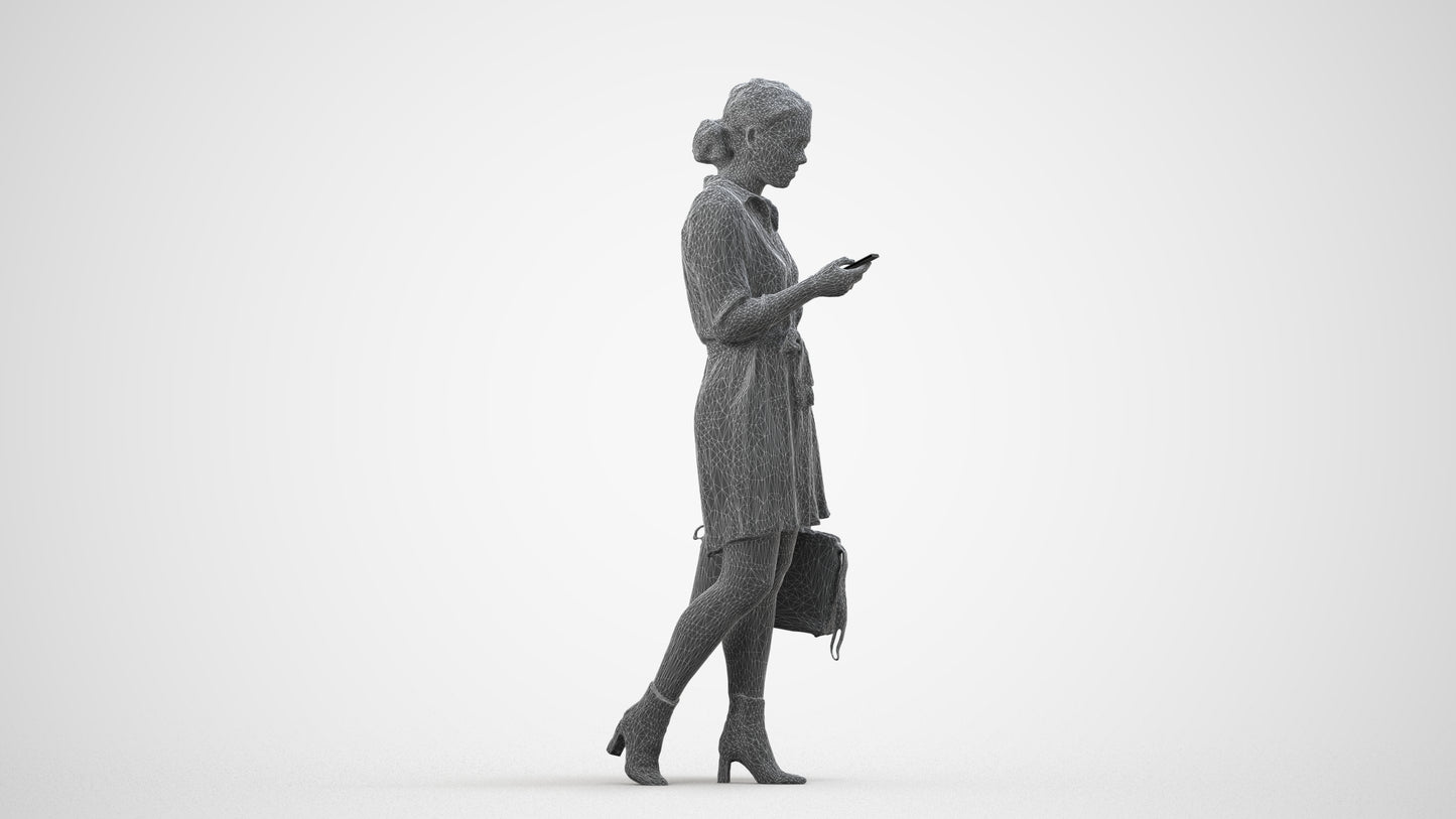 realistic 3D woman casual walking, scanned archviz people for Blender and 3ds Max, wireframe side view