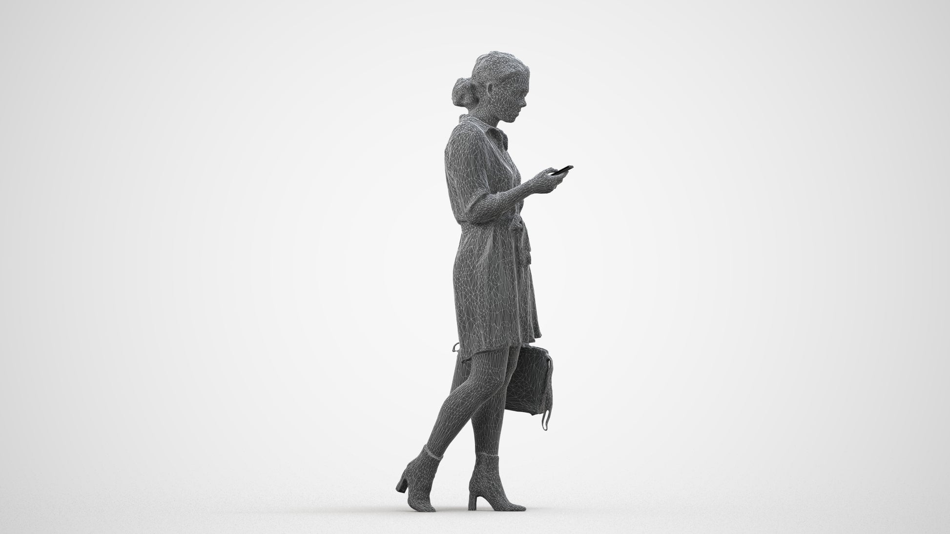realistic 3D woman casual walking, scanned archviz people for Blender and 3ds Max, wireframe side view